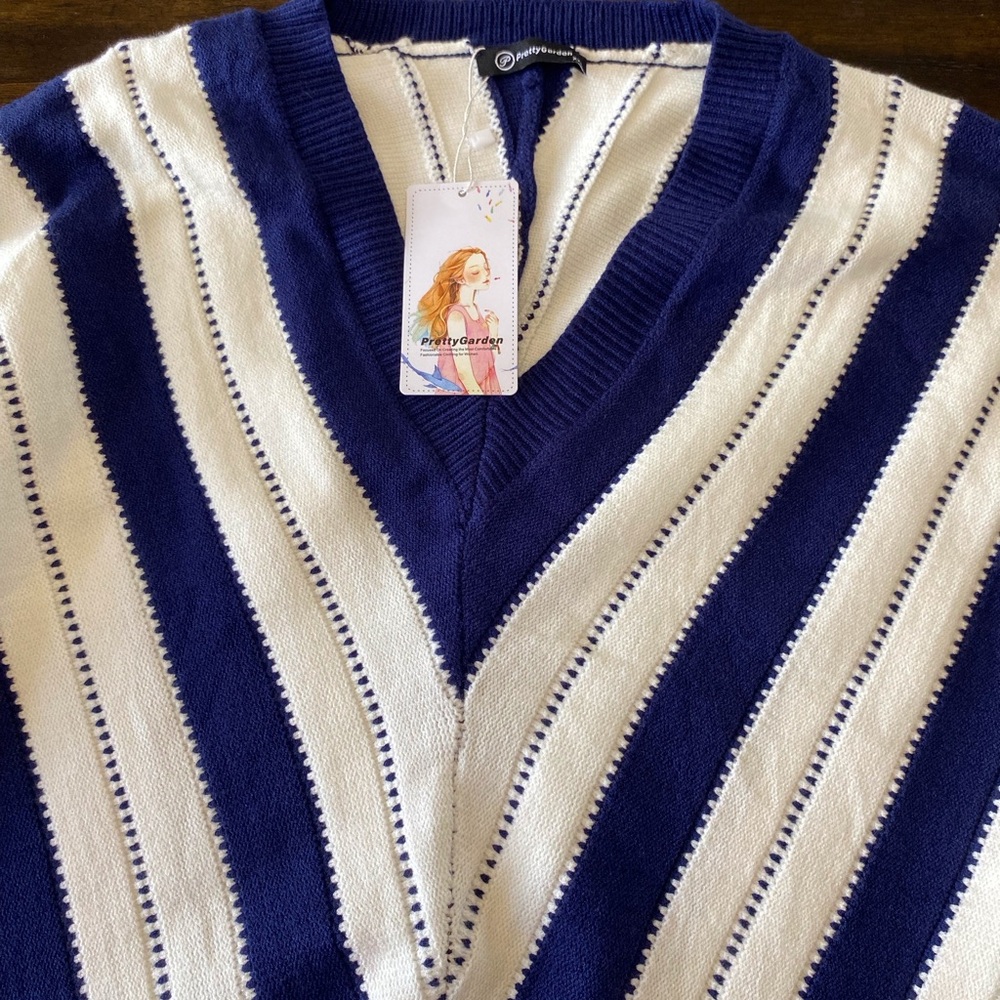 PrettyGarden Striped V-Neck-Sweater-Navy Blue & White- NWT Size XXL - Picture 10 of 10